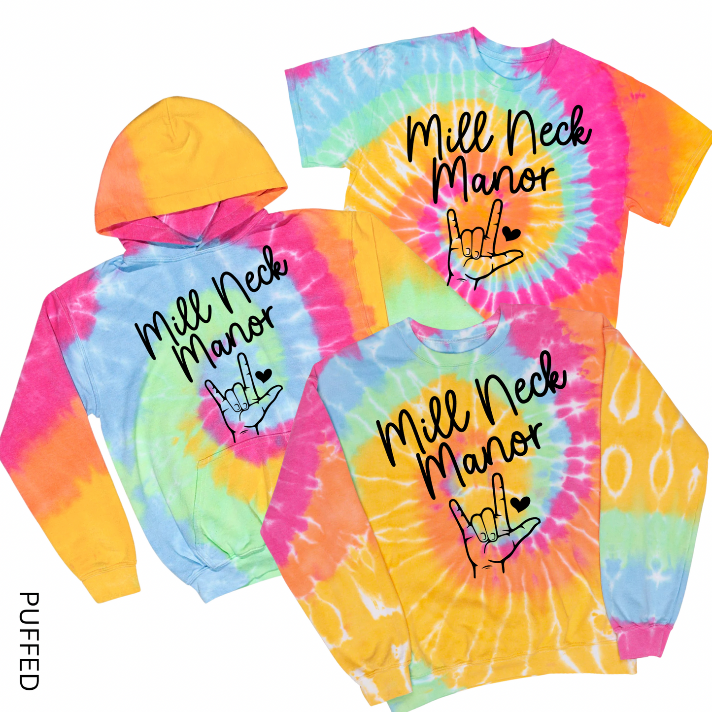 Puffed MNM Heart Tie Dye | MNM School for the Deaf Spiritwear Fundraiser | LI Spirit & Sports Apparel