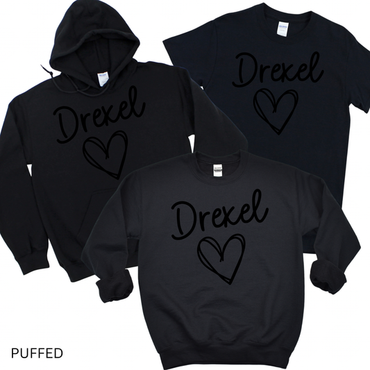 Puffed Drexel Heart - Black on Black | Drexel Avenue Apparel | LI Spirit & Sports Apparel