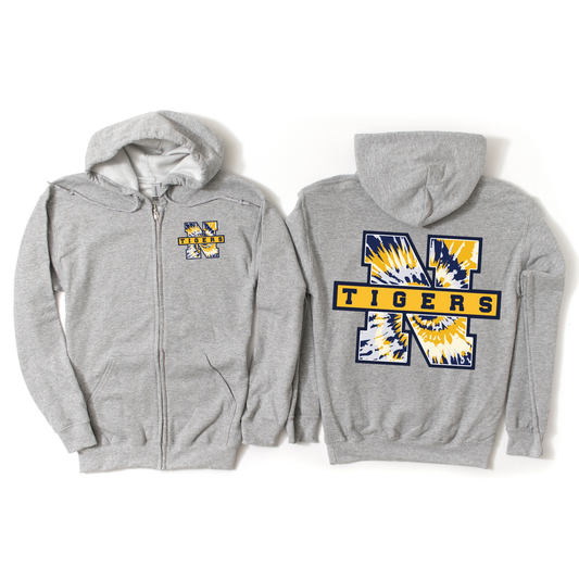 Northport Tigers Tie-Dye Varsity Zip-Up Hoodie - Athletic Gray | Pulaski Road Spiritwear Fundraiser | LI Spirit & Sports Apparel