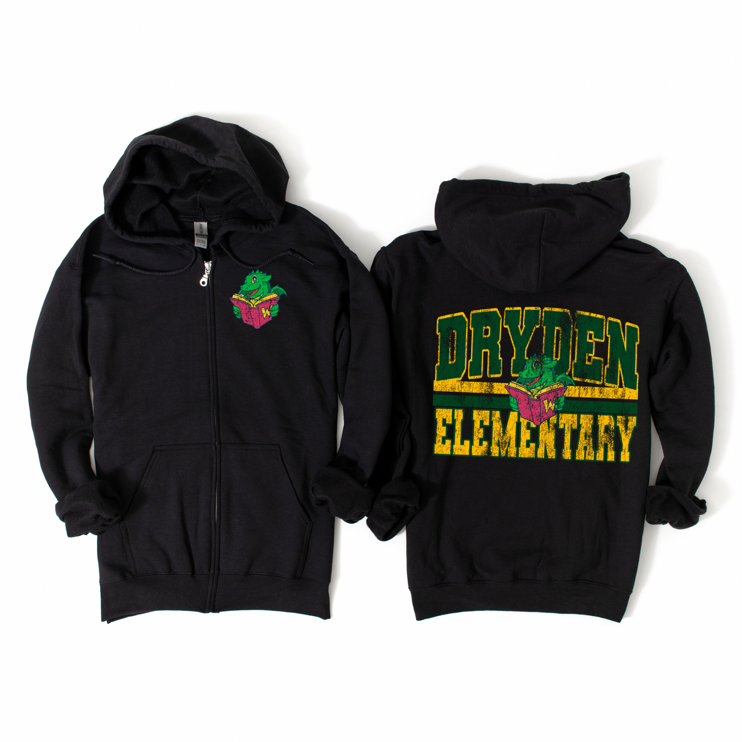 Distressed Dryden Elementary Zip-Up Hoodie - Black | Dryden Elementary Spiritwear Fundraiser | LI Spirit & Sports Apparel