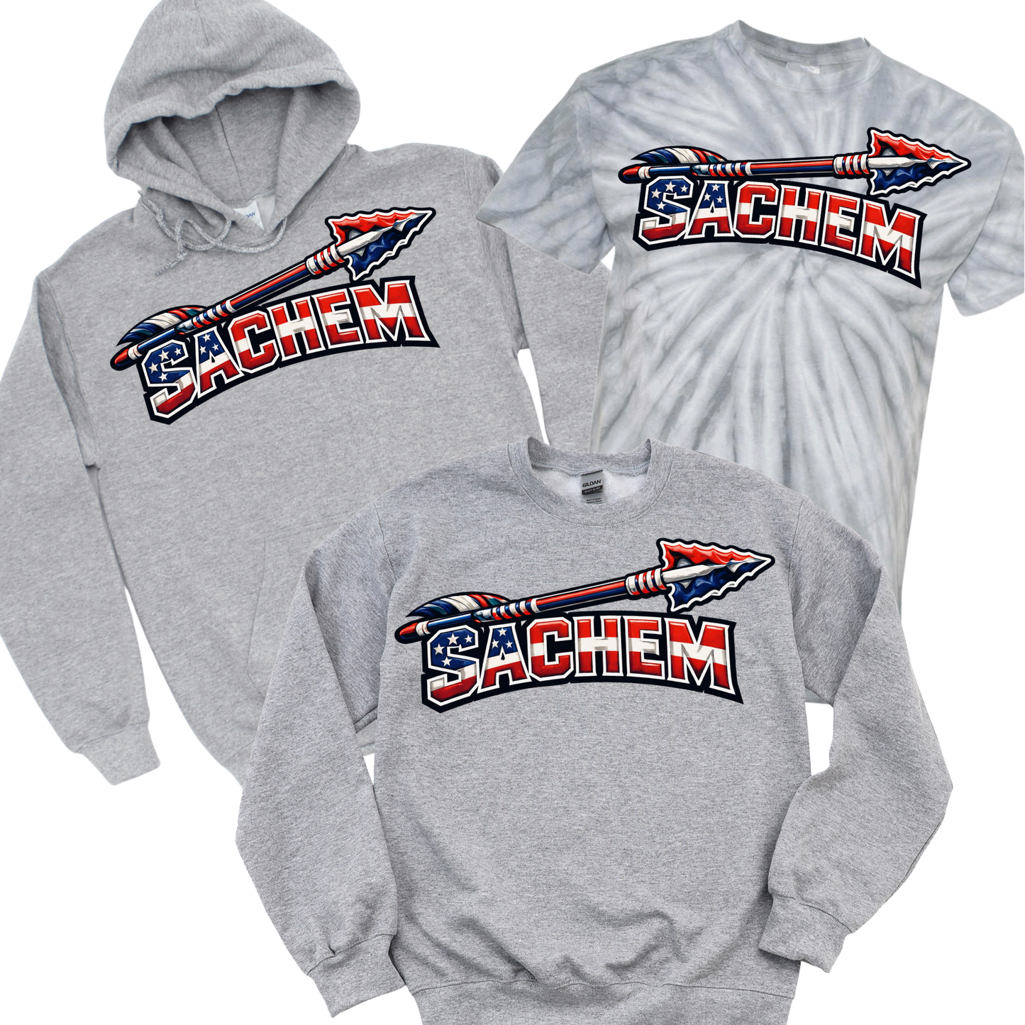 Sachem American Flag Arrow - Athletic Gray | Nokomis Elementary Spiritwear Fundraiser | LI Spirit & Sports Apparel