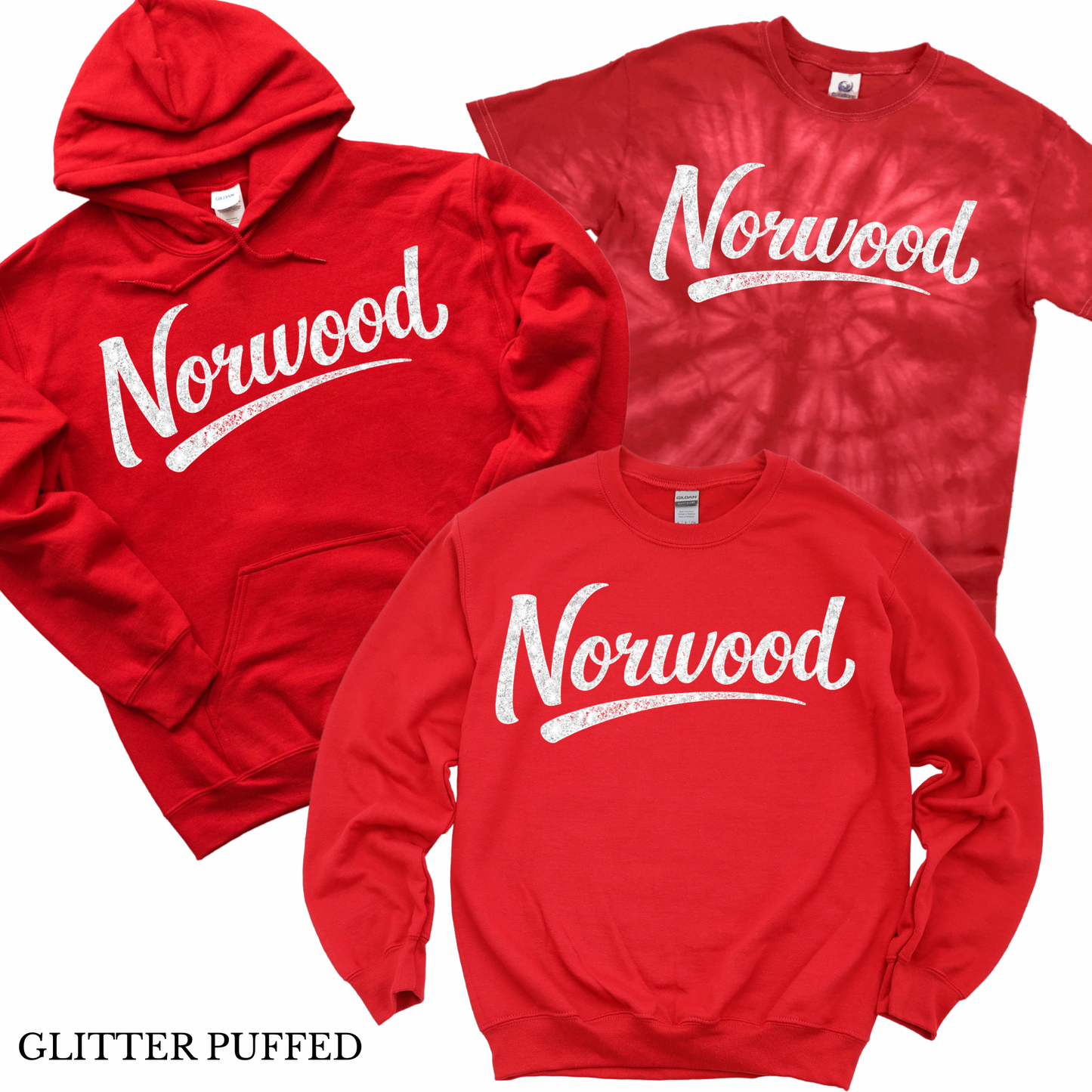 Puffed Glitter Norwood Script - Red | Norwood Ave Spiritwear Fundraiser | LI Spirit & Sports Apparel