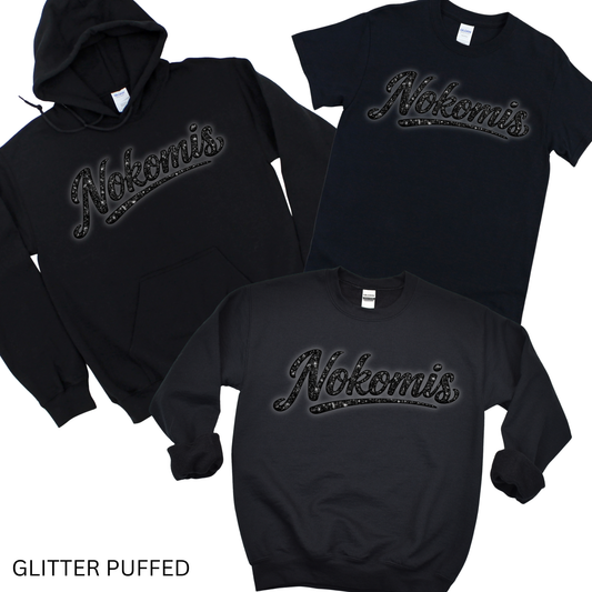 Glitter Puffed Nokomis - Black on Black | Nokomis Spiritwear Fundraiser | LI Spirit & Sports Apparel