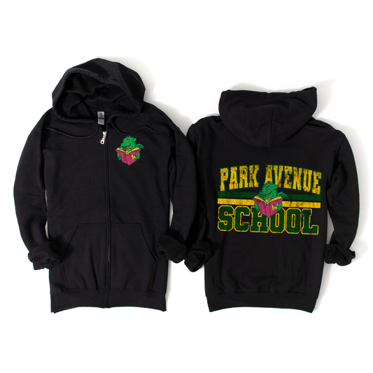 Distressed Park Avenue Zip-Up Hoodie - Black | Park Avenue Spiritwear Fundraiser | LI Spirit & Sports Apparel