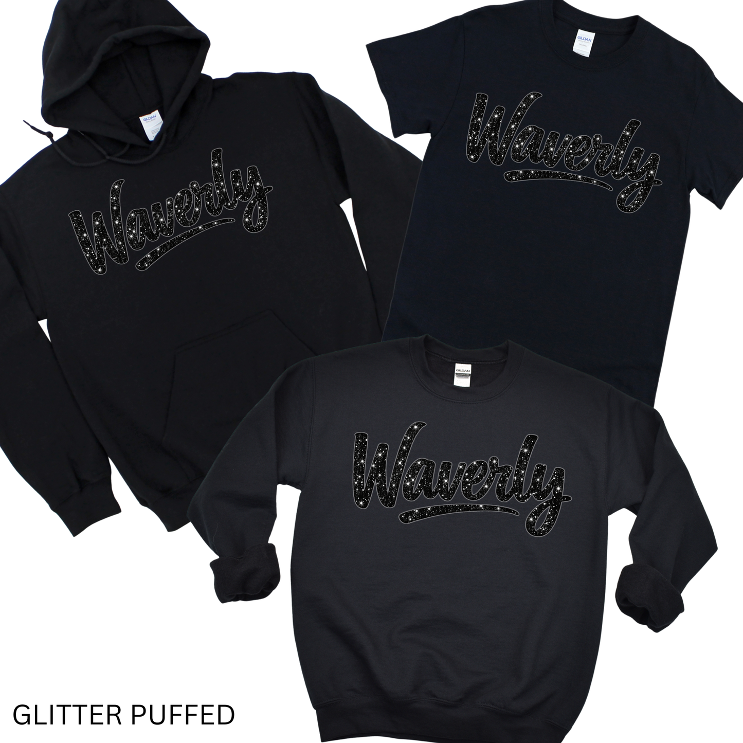 Glitter Puffed Waverly - Black on Black | Waverly Elementary Spiritwear Fundraiser | LI Spirit & Sports Apparel