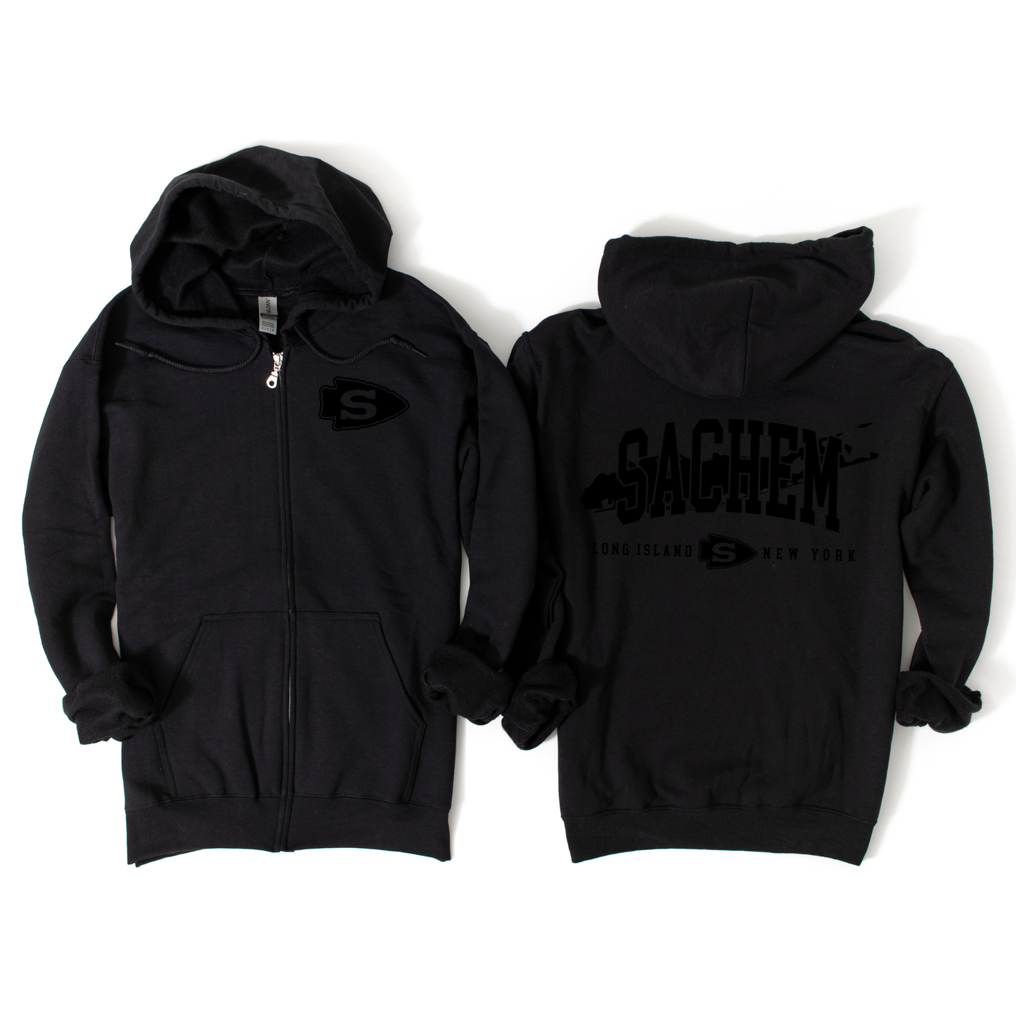 Sachem Long Island, NY Zip-Up Hoodie - Black on Black | Waverly Spiritwear Fundraiser | LI Spirit & Sports Apparel