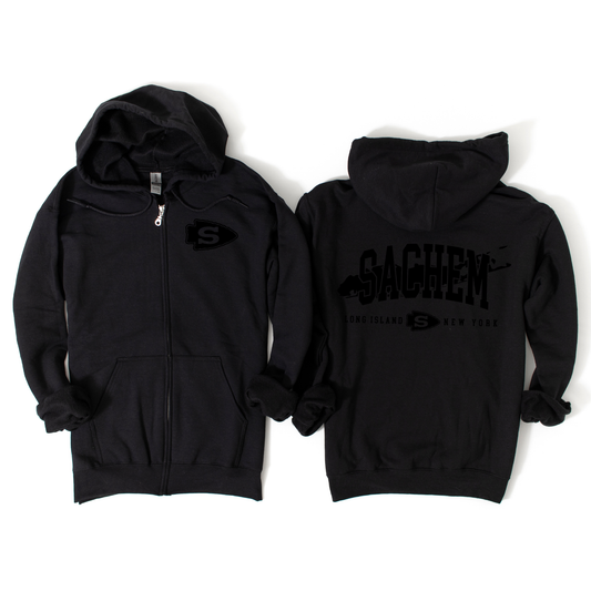 Sachem Long Island, NY Zip-Up Hoodie - Black on Black | Nokomis Spiritwear Fundraiser | LI Spirit & Sports Apparel