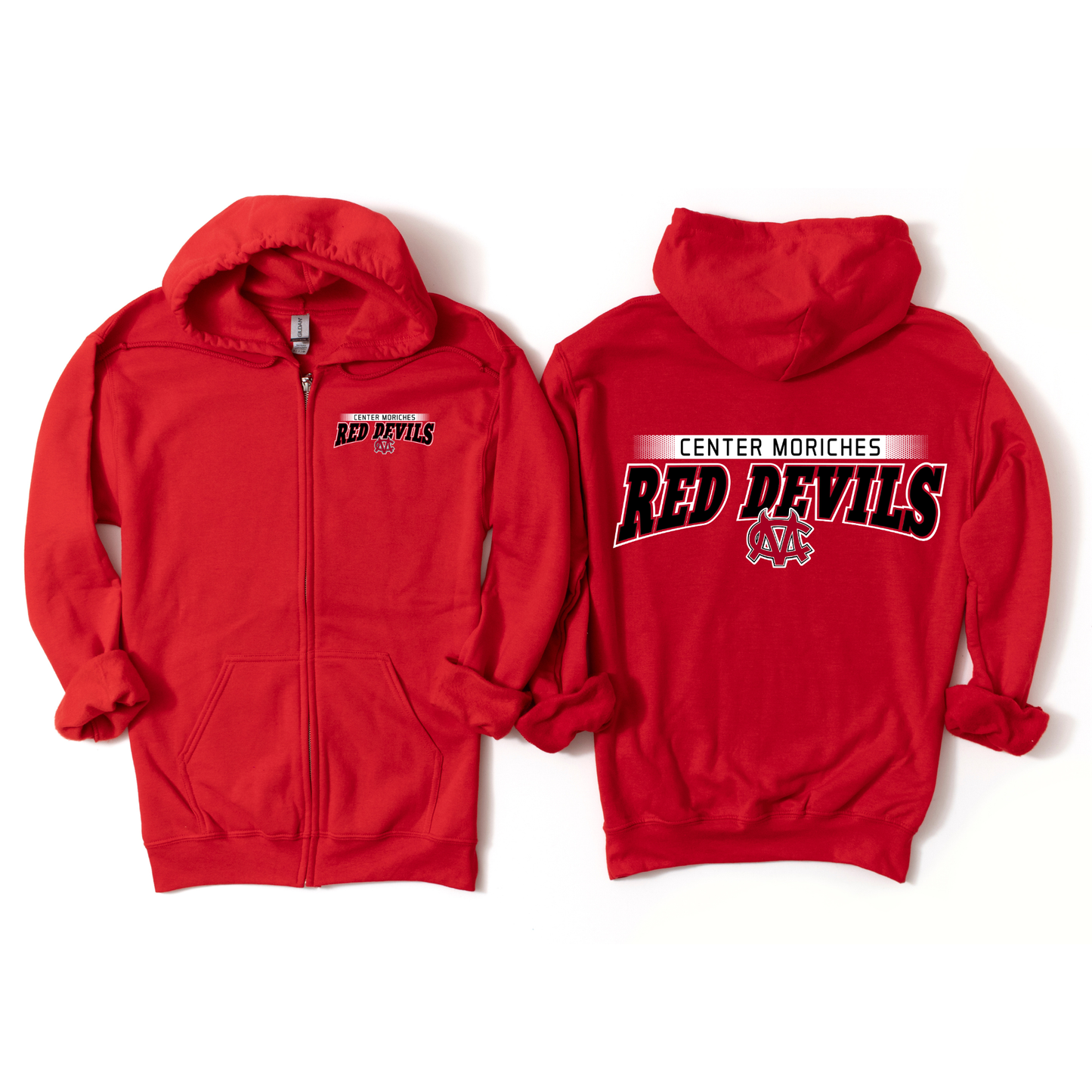 Center Moriches Devils Arch Zip-Up Hoodie - Red | Center Moriches HS Spiritwear Fundraiser | LI Spirit & Sports Apparel