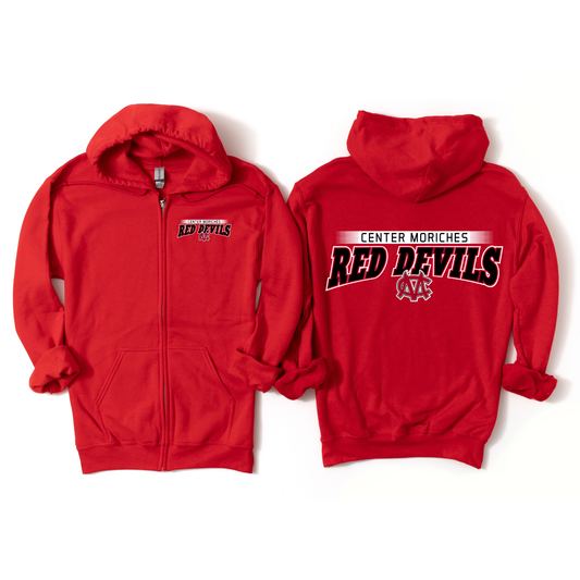 Center Moriches Devils Arch Zip-Up Hoodie - Red | Center Moriches HS Spiritwear Fundraiser | LI Spirit & Sports Apparel
