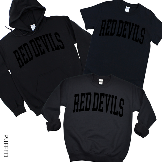 Puffed Varsity Red Devils - Black on Black | Center Moriches HS Spiritwear Fundraiser | LI Spirit & Sports Apparel