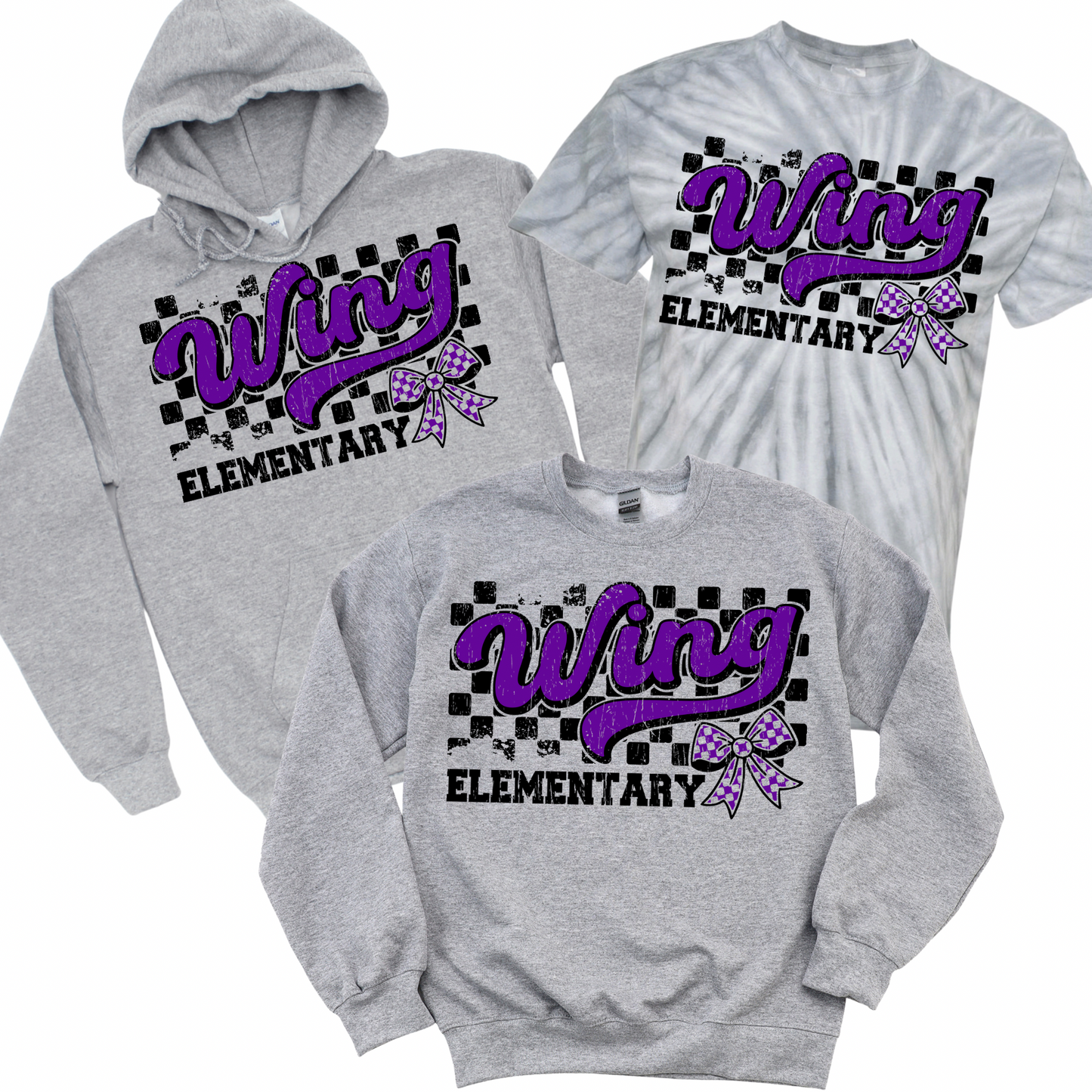 Checkered Wing Elementary Bow - Athletic Gray | Wing Elementary Spiritwear Fundraiser | LI Spirit & Sports Apparel