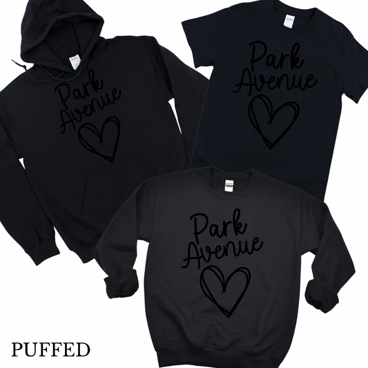 Puffed Park Avenue Heart - Black on Black | Park Avenue Spiritwear Fundraiser | LI Spirit & Sports Apparel