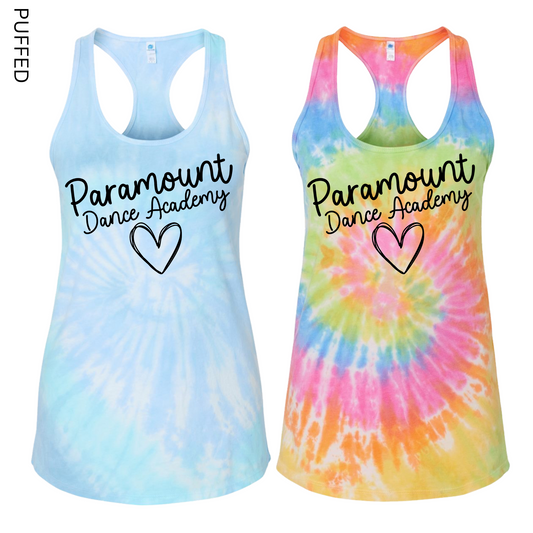 Puffed Paramount Dance Academy Heart Tie Dye Tank Tops [Adult Sizes Only] | Paramount Dance Academy | LI Spirit & Sports Apparel
