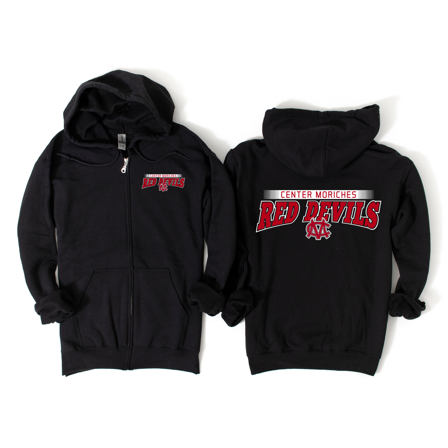 Center Moriches Red Devils Arch Zip-Up Hoodie - Black | Center Moriches HS Spiritwear Fundraiser | LI Spirit & Sports Apparel