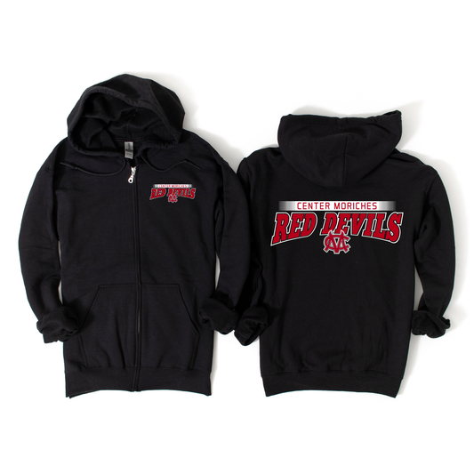 Center Moriches Red Devils Arch Zip-Up Hoodie - Black | Center Moriches HS Spiritwear Fundraiser | LI Spirit & Sports Apparel