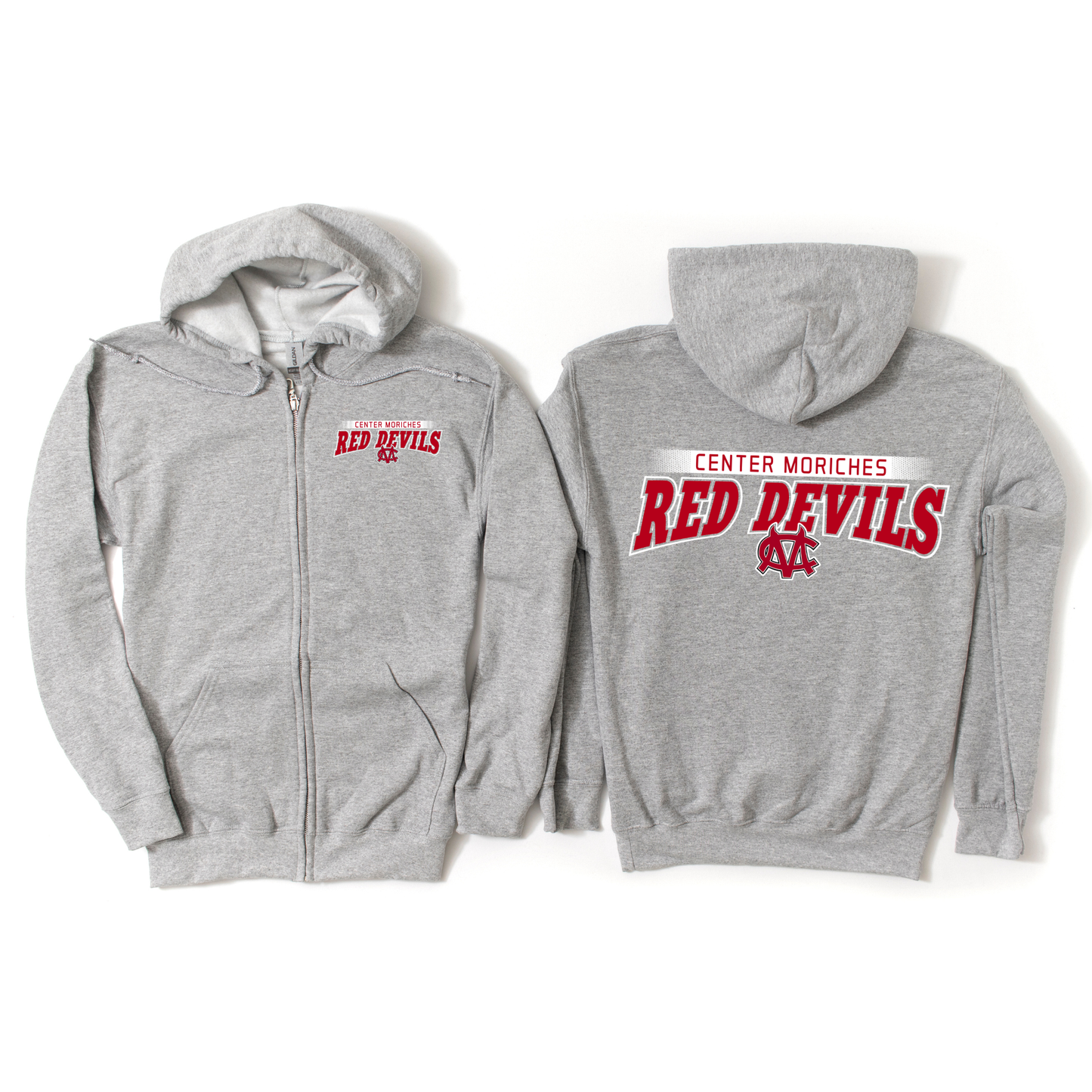 Center Moriches Red Devils Arch Zip-Up Hoodie - Athletic Gray | Center Moriches HS Spiritwear Fundraiser | LI Spirit & Sports Apparel