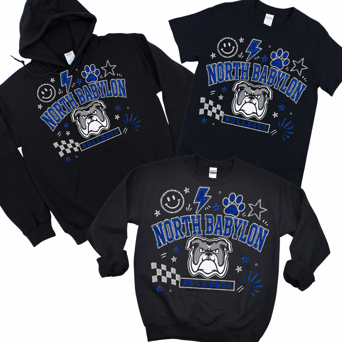 North Babylon: Bulldog Doodle  - Black | Woods Road Elementary Spiritwear Fundraiser | LI Spirit & Sports Apparel