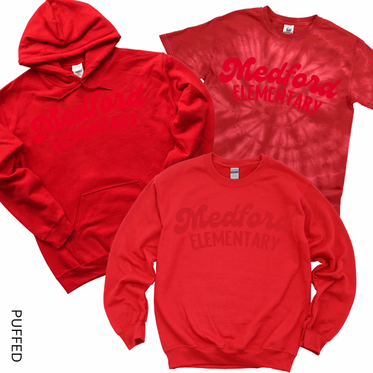 Puffed Medford Elementary - Red on Red | Medford Ave Elementary Spiritwear Fundraiser | LI Spirit & Sports Apparel