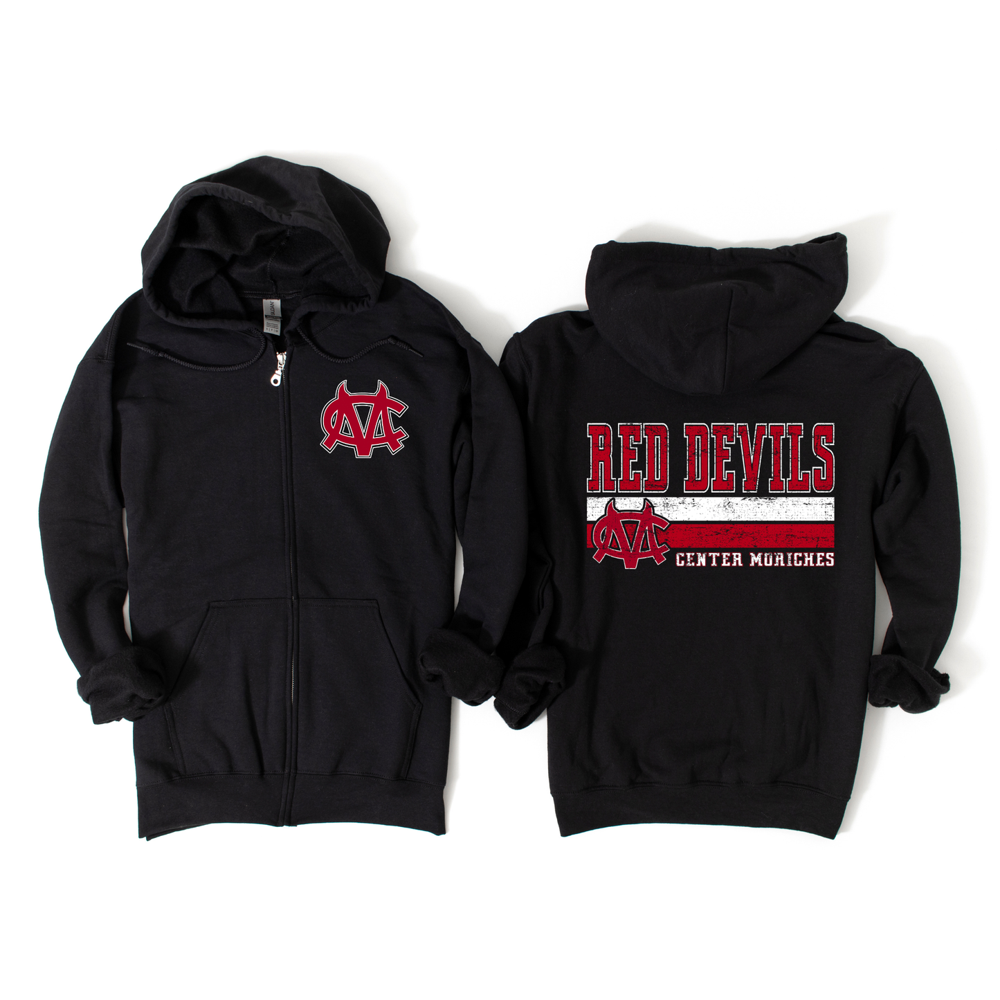 Vintage Center Moriches Red Devils Zip-Up Hoodie - Black | Center Moriches HS Spiritwear Fundraiser | LI Spirit & Sports Apparel