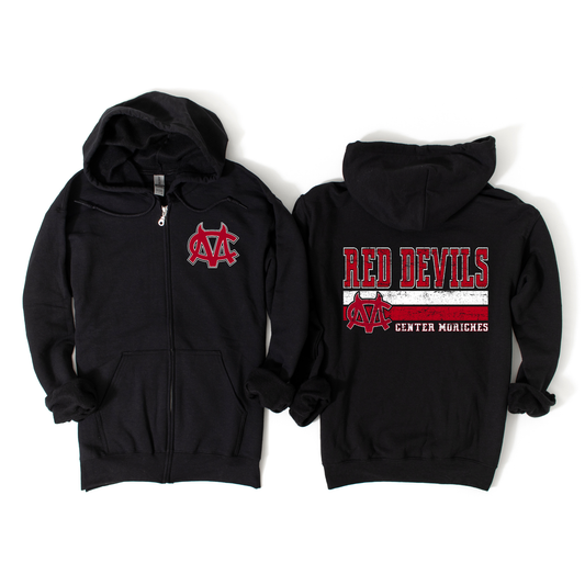 Vintage Center Moriches Red Devils Zip-Up Hoodie - Black | Center Moriches HS Spiritwear Fundraiser | LI Spirit & Sports Apparel