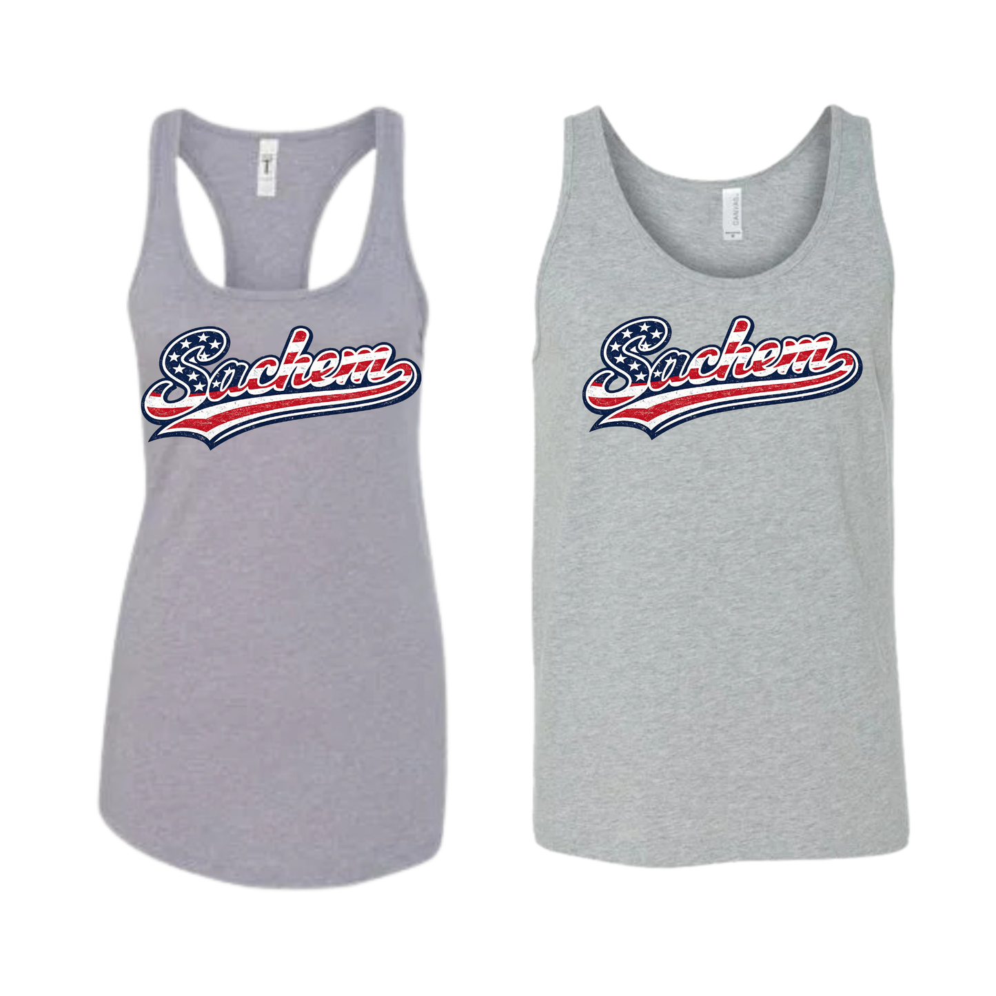 Sachem Patriotic Script Tank Top - Athletic Gray | Nokomis Spiritwear Fundraiser | LI Spirit & Sports Apparel