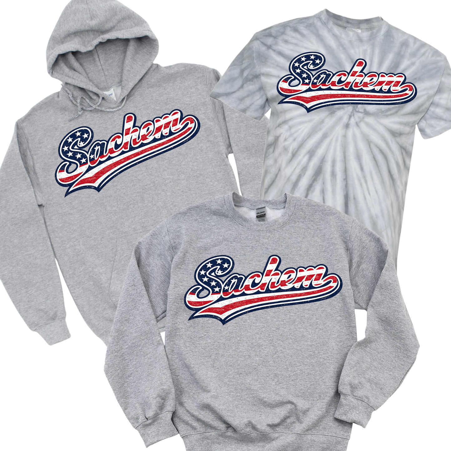 Sachem Patriotic Script - Athletic Gray | Nokomis Elementary Spiritwear Fundraiser | LI Spirit & Sports Apparel