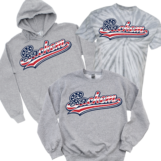 Sachem Patriotic Script - Athletic Gray | Nokomis Elementary Spiritwear Fundraiser | LI Spirit & Sports Apparel