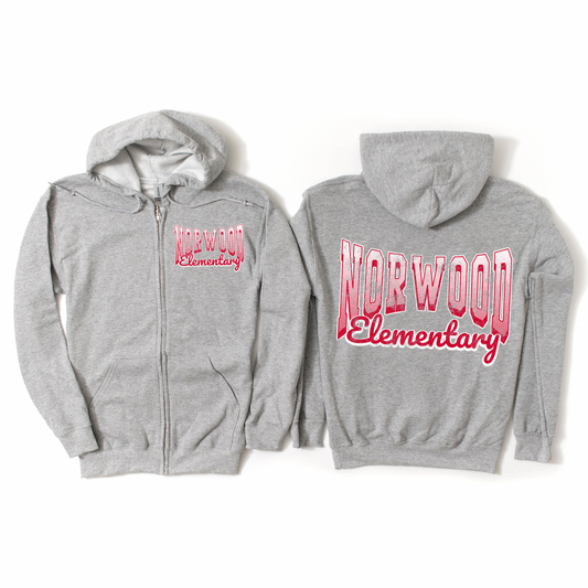 Retro Norwood Script Zip-Up Hoodie - Athletic Gray| Norwood Ave Spiritwear Fundraiser | LI Spirit & Sports Apparel