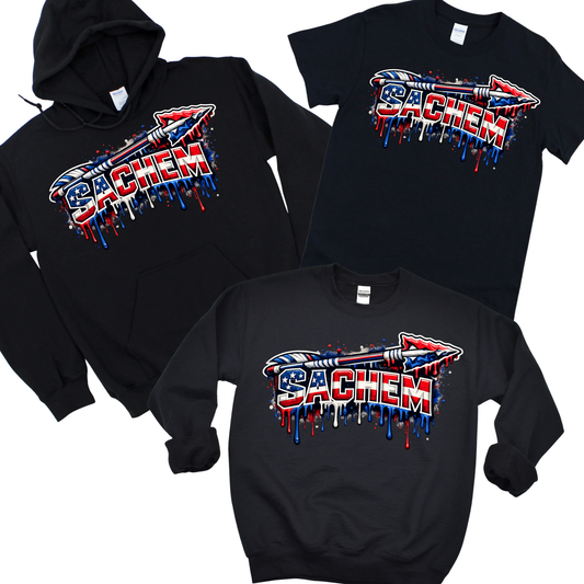 Sachem Drippy American Flag Arrow - Black | Nokomis Elementary Spiritwear Fundraiser | LI Spirit & Sports Apparel