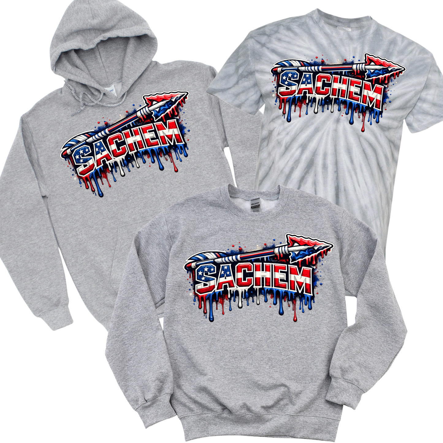 Sachem Drippy American Flag Arrow - Athletic Gray | Nokomis Elementary Spiritwear Fundraiser | LI Spirit & Sports Apparel