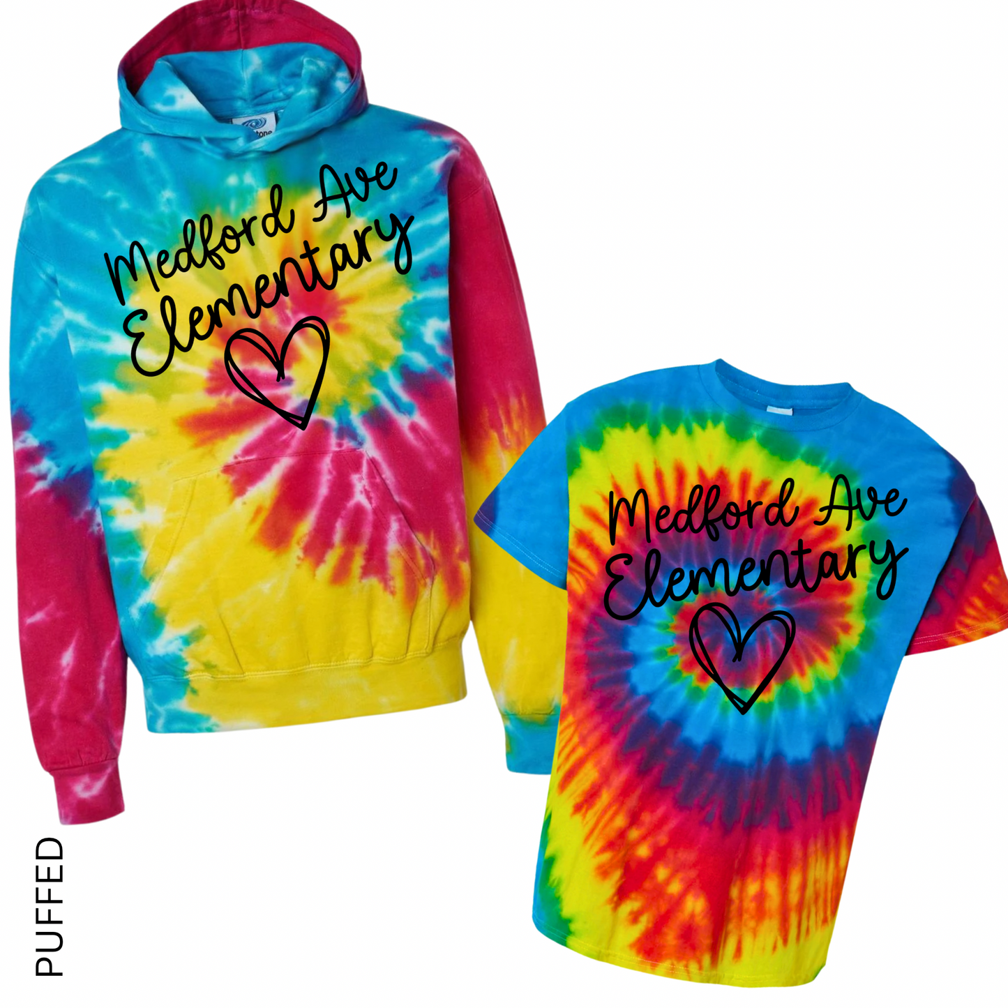 Puffed Medford Ave Elementary Heart Tie Dye | Medford Ave Elementary Spiritwear Fundraiser | LI Spirit & Sports Apparel