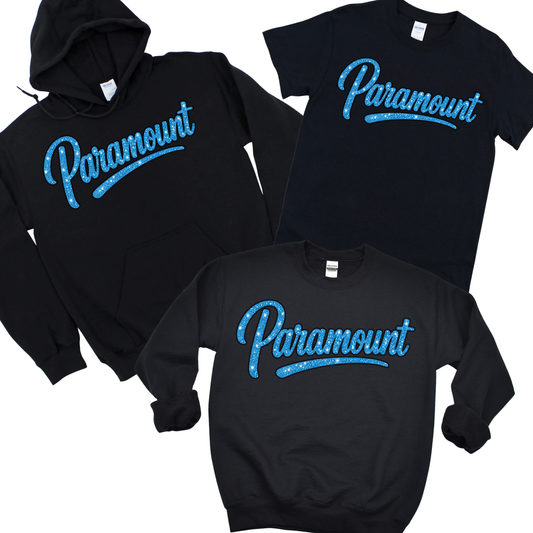 Puffed Glitter Paramount Script - Blue on Black | Paramount Dance Academy | LI Spirit & Sports Apparel