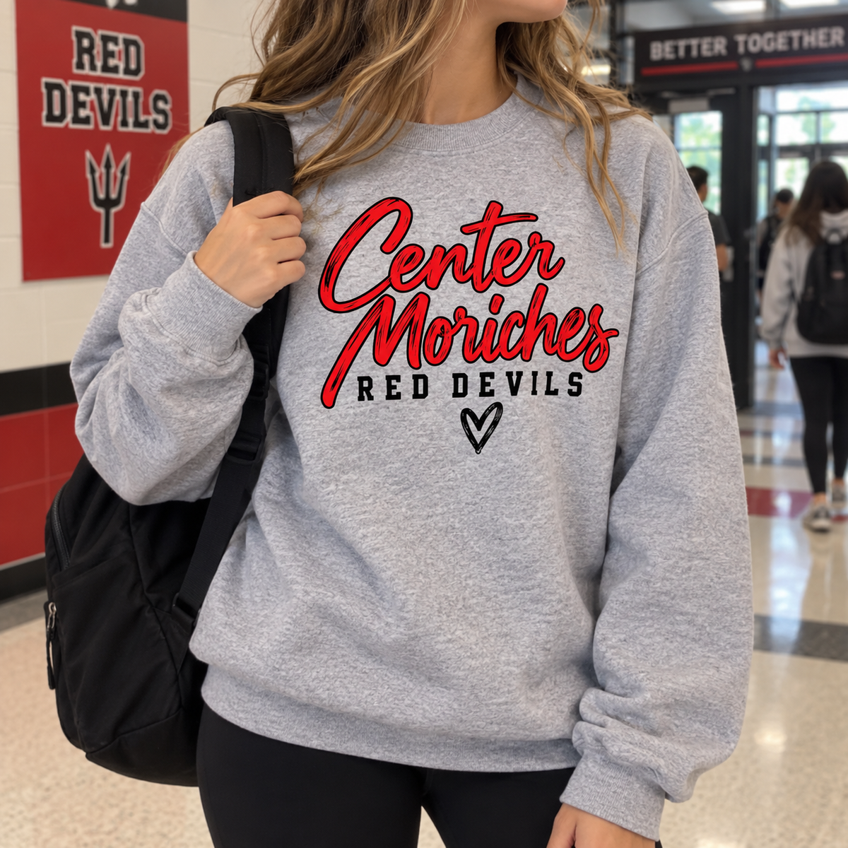 Red Devil Script - Athletic Gray | Center Moriches MS Spiritwear Fundraiser | LI Spirit & Sports Apparel