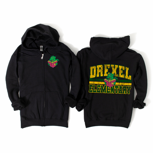 Distressed Drexel Elementary Zip-Up Hoodie - Black | Drexel Avenue Apparel | LI Spirit & Sports Apparel